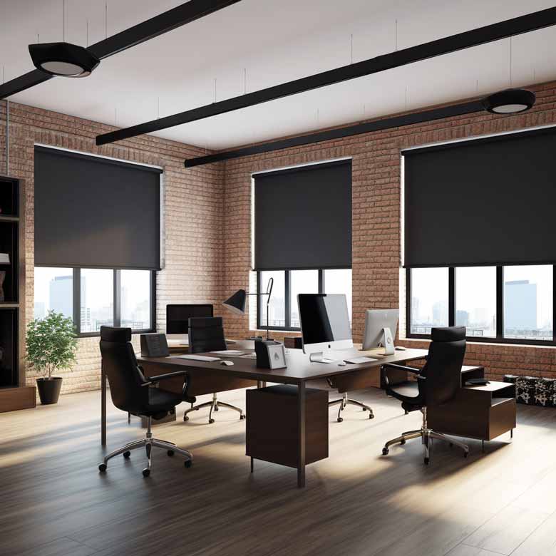 Black Roller Blinds In An Office